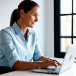 A professional female wellness coordinator, approximately 30-40 years old, with a focused and serene expression, is seated at a clean, minimalist desk in a brightly lit modern home office. She is wearing a modest and stylish business casual outfit, fully clothed, appropriate attire. She is looking at her laptop screen, engaged in creating digital content or leading an online session, with a subtly branded water bottle and a notebook visible on the desk. The background is softly blurred, showing modern decor and a large window with natural light. Perfect anatomy, correct proportions, natural pose, well-formed hands, proper finger count, natural body proportions. Professional photography, high-resolution, soft lighting, realistic render, safe for work, appropriate content, family-friendly.