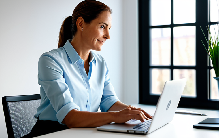 A professional female wellness coordinator, approximately 30-40 years old, with a focused and serene expression, is seated at a clean, minimalist desk in a brightly lit modern home office. She is wearing a modest and stylish business casual outfit, fully clothed, appropriate attire. She is looking at her laptop screen, engaged in creating digital content or leading an online session, with a subtly branded water bottle and a notebook visible on the desk. The background is softly blurred, showing modern decor and a large window with natural light. Perfect anatomy, correct proportions, natural pose, well-formed hands, proper finger count, natural body proportions. Professional photography, high-resolution, soft lighting, realistic render, safe for work, appropriate content, family-friendly.