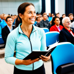Aspiring Wellness Professional**

A woman, fully clothed in comfortable and stylish activewear, attending a wellness conference. She's smiling, holding a brochure, and listening intently to a speaker on stage. The background is a bright, modern conference hall with other attendees. Appropriate attire, professional setting, safe for work, perfect anatomy, natural proportions, family-friendly.

**
