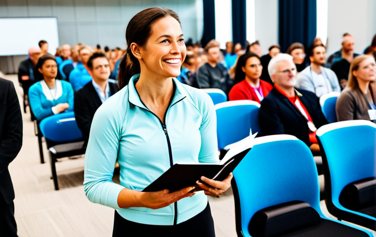 Aspiring Wellness Professional**

A woman, fully clothed in comfortable and stylish activewear, attending a wellness conference. She's smiling, holding a brochure, and listening intently to a speaker on stage. The background is a bright, modern conference hall with other attendees. Appropriate attire, professional setting, safe for work, perfect anatomy, natural proportions, family-friendly.

**