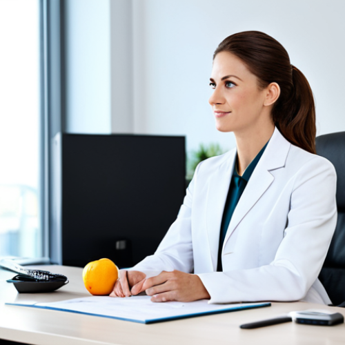**

"A wellness coordinator giving personalized consultation in a bright, modern office, fully clothed in professional attire. The scene emphasizes healthy lifestyle advice. Safe for work, appropriate content, professional, perfect anatomy, natural proportions, modest."

**
