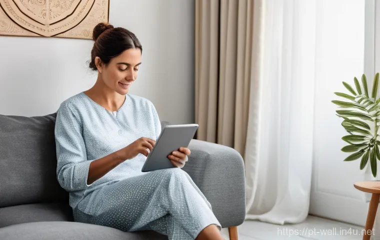 웰빙코디네이터와 디지털 헬스 활용 - **Prompt: "A serene and modern interior of a Portuguese home, bathed in soft, natural light. A woman...