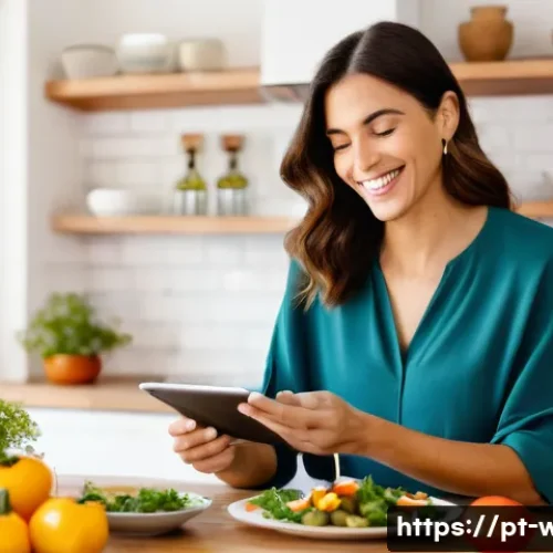 웰빙코디네이터와 식단 관리 - **Prompt:** "A warm and inviting image of a Portuguese woman (30s-40s) with a friendly, supportive w...