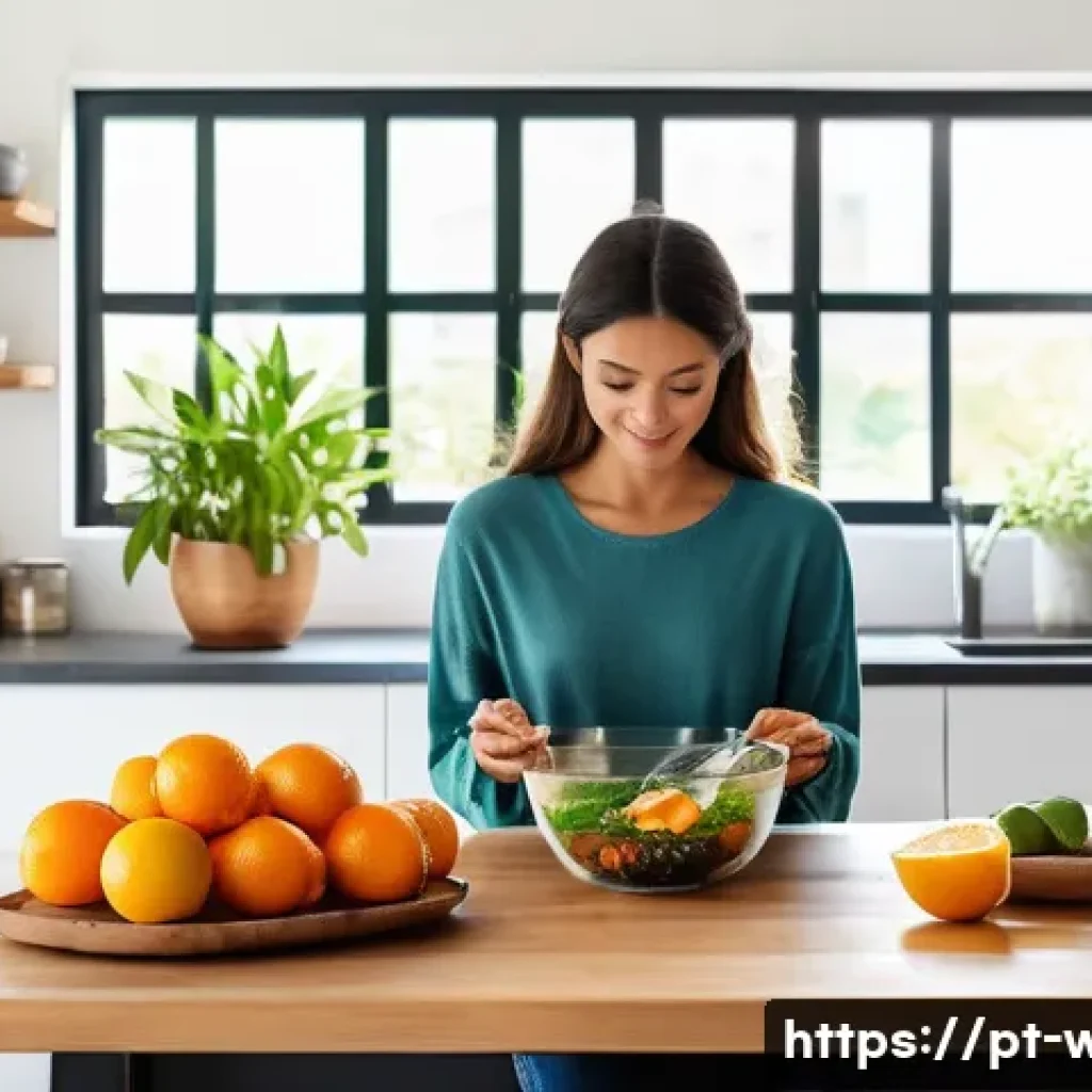웰빙코디네이터와 면역력 강화 - A vibrant and cozy kitchen scene in a modern Brazilian home, filled with natural light streaming thr...