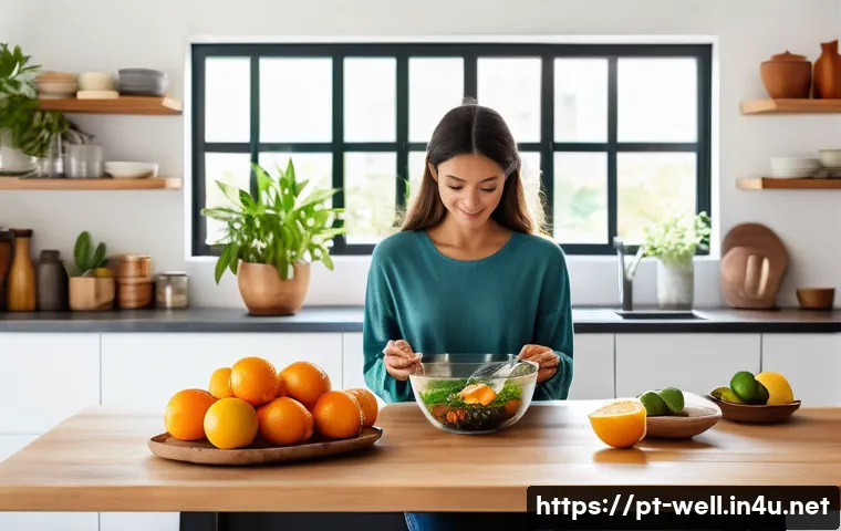 웰빙코디네이터와 면역력 강화 - A vibrant and cozy kitchen scene in a modern Brazilian home, filled with natural light streaming thr...