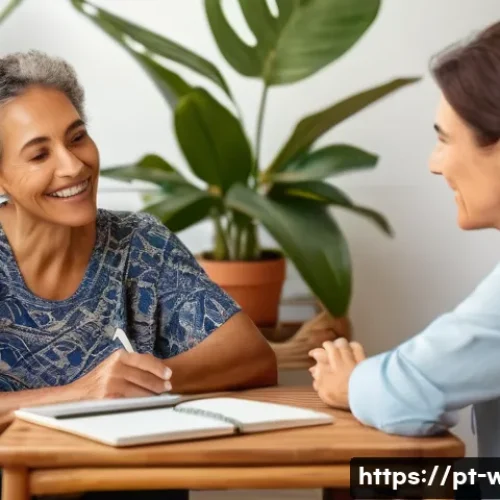 웰빙코디네이터와 고객 건강 목표 설정 - A warm and inviting wellness coach attentively listening to a middle-aged Brazilian woman in a cozy,...