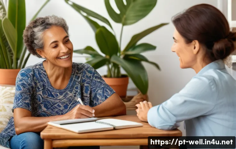 웰빙코디네이터와 고객 건강 목표 설정 - A warm and inviting wellness coach attentively listening to a middle-aged Brazilian woman in a cozy,...