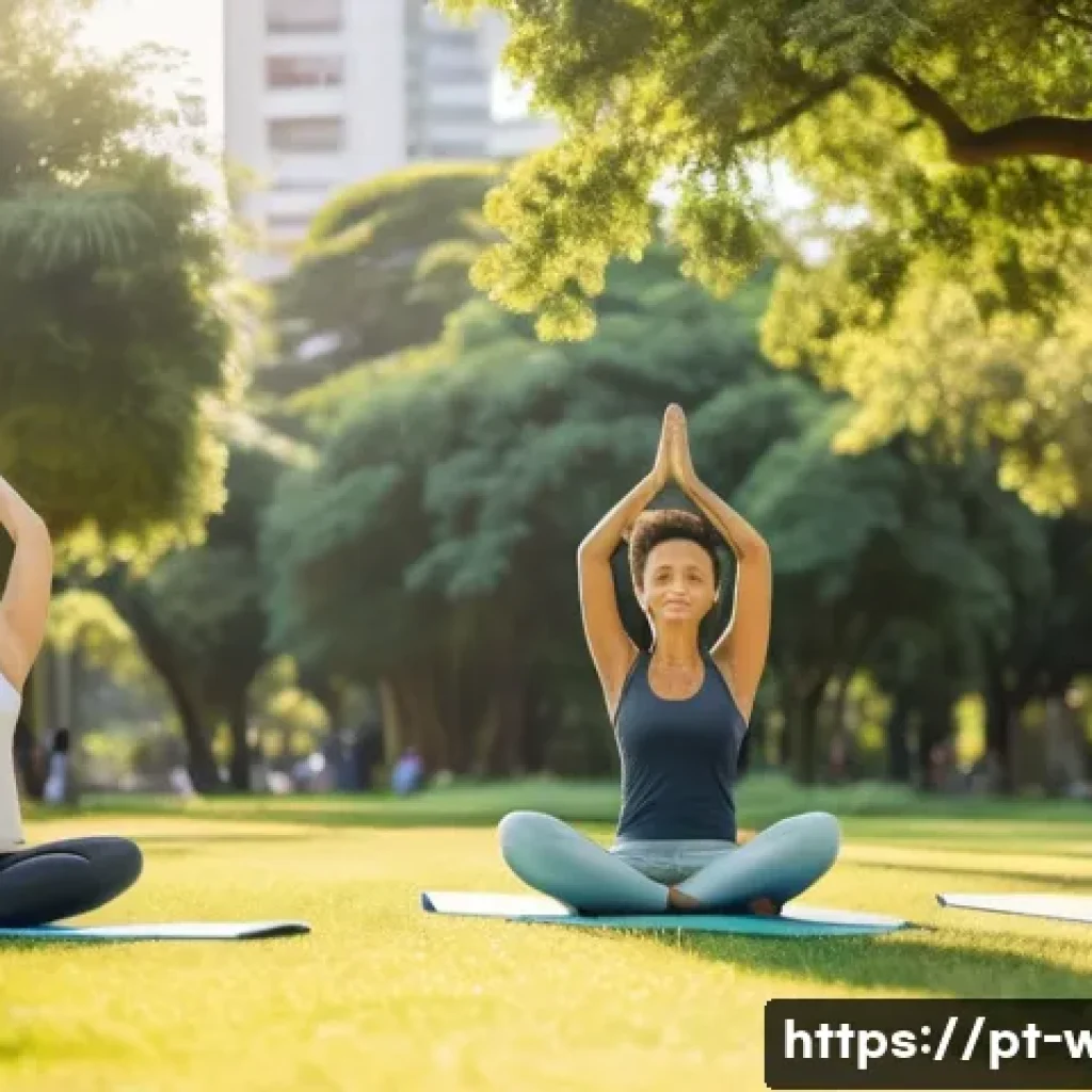 웰빙코디네이터와 피트니스 코칭 - A serene outdoor scene featuring a diverse group of adults practicing yoga and mindfulness meditatio...