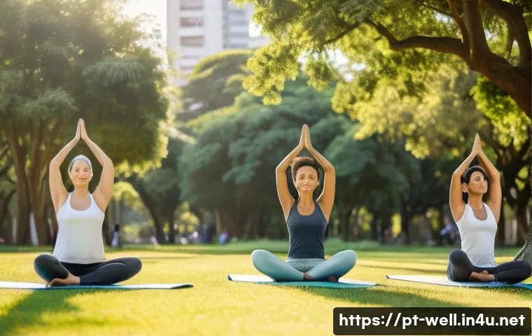 웰빙코디네이터와 피트니스 코칭 - A serene outdoor scene featuring a diverse group of adults practicing yoga and mindfulness meditatio...