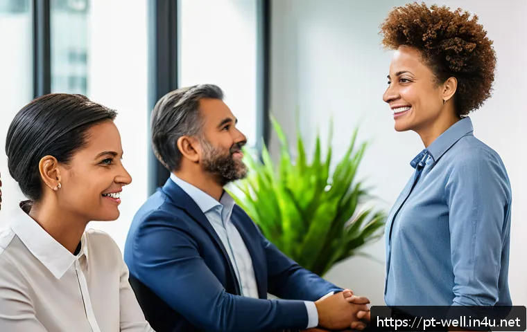 웰빙코디네이터와 고객 설문조사 활용법 - A diverse group of professional employees in a modern Brazilian office setting engaged in an emotion...