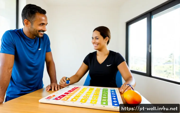 Home 17 웰빙코디네이터와 건강 목표 달성 목표 - Photorealistic wellness coaching session in a bright modern Brazilian clinic, a friendly wellness co...